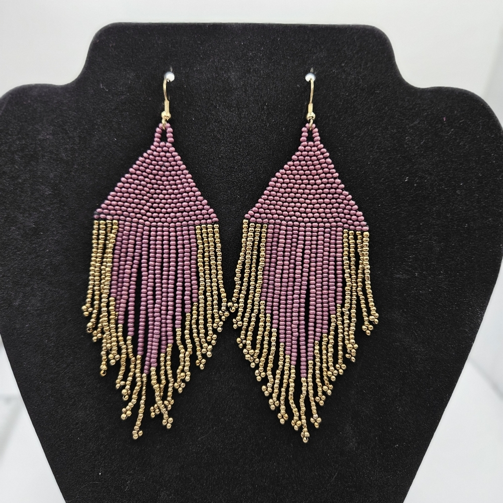 Vintage 90s Valerie Fitch Designs Mauve And Gold Tone Beaded Fringe Earrings